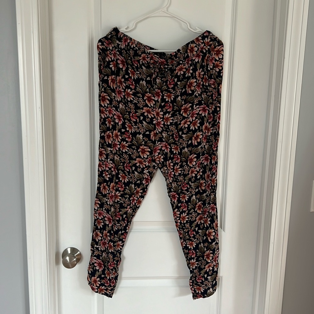 Elastic waist linen pant floral print straight leg